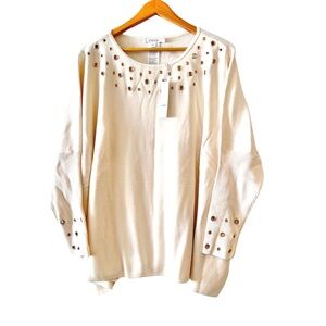 Chico's Cream Long Sleeve Grommet Embellished Sweater